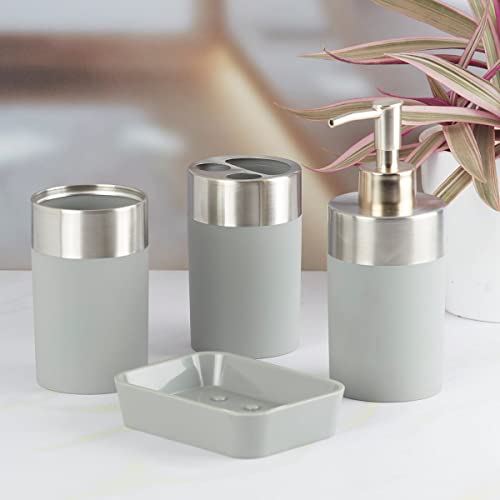 Image of Kookee Acrylic Bathroom Accessories Set of 4, Modern Bath Set with Liquid handwash Soap Dispenser and Toothbrush Holder, Luxury Gift Accessory for Home (8344)