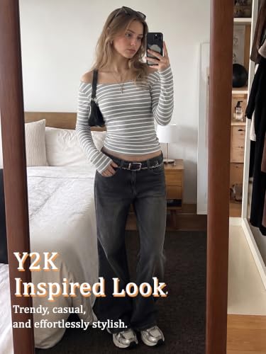 Image of Women Off Shoulder Striped Long Sleeve Top 2026 Fall Going Out Tee Shirts