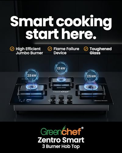 Image of Greenchef Zentro Smart Three burner Glass Hob Top| Digital timer| Featured with Flame failure| Black Color| High efficiency tornado Burners| Dual Purpose Hob(Built In Or Counter top)