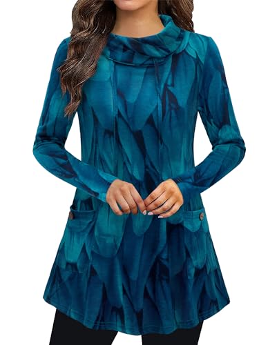 Bulotus Fall Sweaters for Women 2025 Cowl Neck Asymmetrical Long Tunics for Leggings Vacation Travel Tops with Pockets
