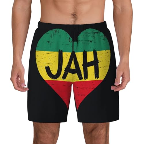 Jamaican Heart Print Men Stylish Functionality Swim Trunks Breathable Beach Shorts Surfing Gym Fishing