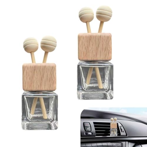 Bawkars 2 PCS Car Diffuser Air Freshener Bottles, Refillable Empty Glass Essential Oil Diffuser Vent Clip & Wooden Caps Sticks, Universal Aromatherapy Diffusers for Most Vehicles (Square)