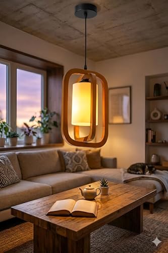 Image of twixle Wooden Double Rectangular Design and White Candle Pendant Lamp, Hanging Ceiling Lamp for Living Room, Bedroom, Kitchen, Balcony, Restaurant /Cafe, Hanging Light for Home Decor (Without Bulb)