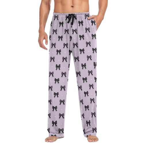 Men’s Black Bows Pajama Pants with Pockets, Comfortable Lounge Sleep Bottoms#5713