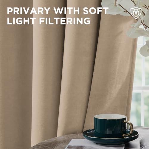 Image of Joydeco Toffee Brown Velvet Curtains 96 Inches Long 2 Panels Set, Thermal Insulated Room Darkening Curtains for Bedroom Living Room, Soft Luxury Curtains Rod Pocket, 52W x 96L