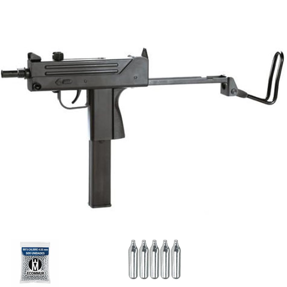 Subfusil KWC M11 CO2 (4,5mm) | Pack Pistola de balines (perdigones Bolas de Acero BB's). Arma de Aire comprimido CO2 Calibre 4,5mm [2.3 Julios]