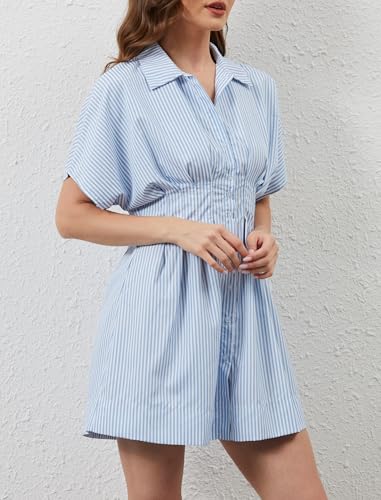 Image of Women Button Down Pleated Shirt Dress Summer Short Sleeve Blouse Striped Print Corset Mini Dresses