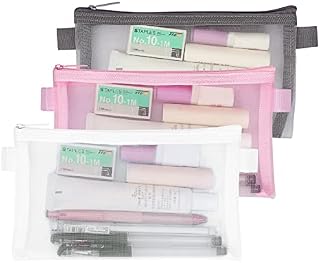 WWW 3 Pcs Pencil Case Set, Clear Durable Pen Carrying Case with Zipper, Nylon Pencil Storage Pouch, Makeup Cosmetic Bag for Women, Portable Office Stationery Pouch for Students Adults Grey+White+Pink