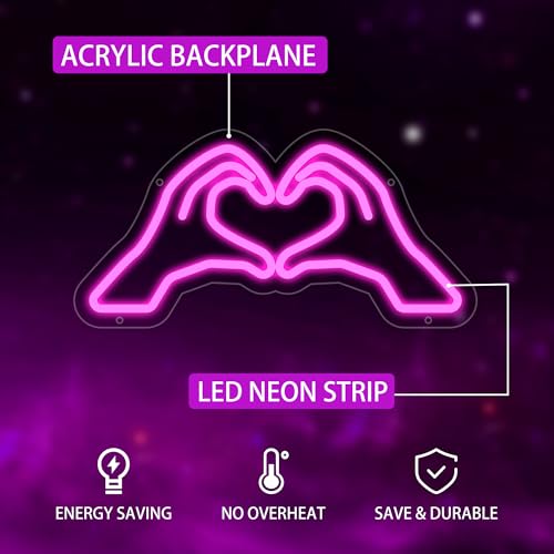 Image of Heart Hands Neon Sign for Wall Decor, Pink Love Hand Neon Light with Dimmer and USB, Gift for Girls Led Light Up Sign for Bar, Hotel, Cafe, VIP Room, Home Decoration
