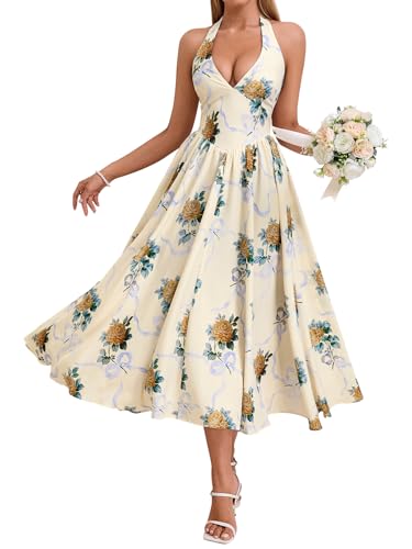 Image of Parthea Women's Gingham Halter V Neck Midi Dress Corset Smocked Sundress Flowy A Line Wedding Guest Dresses