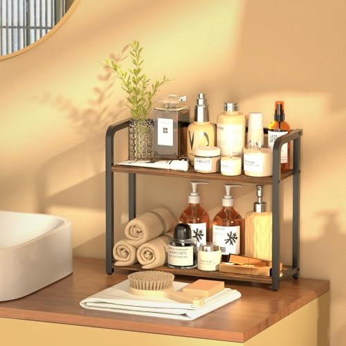 Image of Abja Novelties Kitchen Countertop Organizer, Shelf Rack For Kitchen Storage, Wooden Shelf, 2 Tier Spice, Oil Stand, Tabletop Rack For Makeup, Office (Rustic Brown, 2 Tier)
