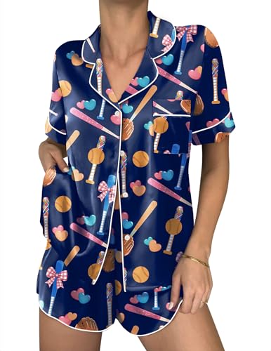 Ekouaer Womens Silk Satin Pajama Sets 2 Piece Button Down Silk Pjs Shorts Sets Short Sleeve Loungewear Soft Sleepwear, Dark Blue Baseball, XX-Large