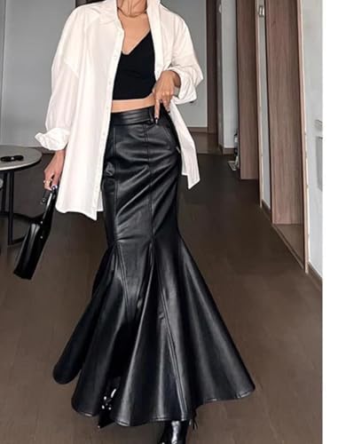 Women High Waist Faux Leather Midi Mermaid Skirt Office Evening Party Slim Fit Hem Long Skirt2