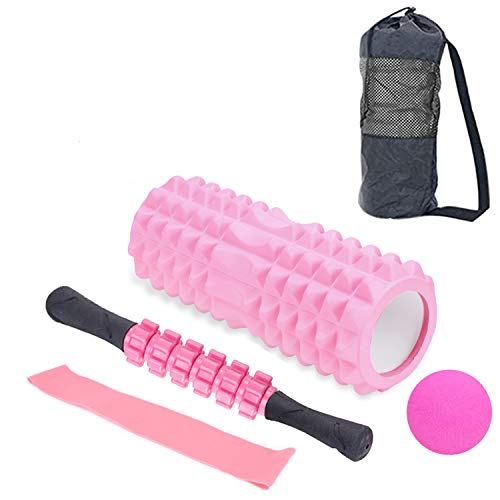 Drizzle-JP Drizzle フォームローラー 筋膜リリース ヨガポール ストレッチ スティック 5点セット マッサージ ボール ローラー ショート ハーフ エクササイズ トレーニング 器具 ダイエット 首 肩こり 背中 腰 猫背 太もも 足 筋肉 ほぐす 収納袋付き (ピンク)