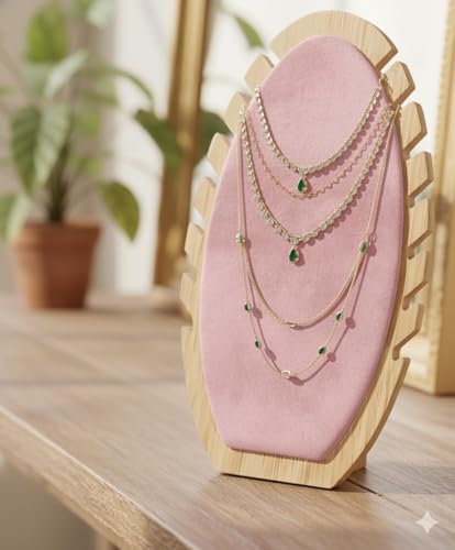 Image of Pink Wooden Necklace Long Chain Bracelet Pendant Hanging Board Jewelry Storage Display Stand