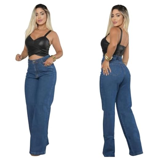 Calça Wide Leg Jeans Feminina Modelagem Reta Tradicional Casual Estilo Atemporal Cintura Alta (BR, Numérico, 36, Regular, Regular, Lavagem Escura)