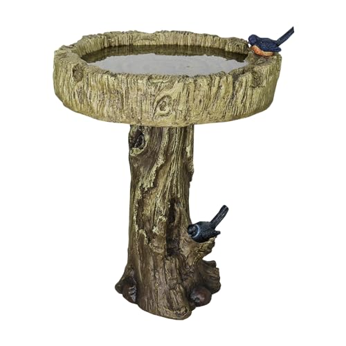 Image of SunJet 24.4 Inch Heigh Wood-Look Concrete Bird Bath with Decorative Faux Bird - birdbath Rustic & Long-Lasting Design, Enhances Garden, Patio, Yard, Lawn Decor