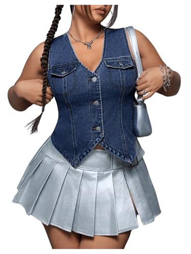 Floerns Women's Plus Size Sleeveless Button Down Jean Vest V Neck Denim Jacket