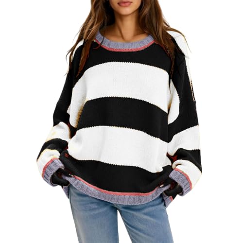Oversized Sweaters for Women Wide Stripe Crew Neck Knit Pullover Fall Tops - image 2