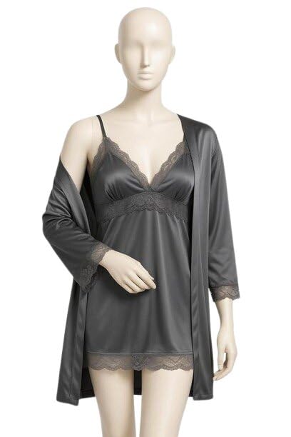 Women Satin Robe Night Set with Waist Tie Design Sleeveless Above Knee Comfortable Fit Grey XL-image-49