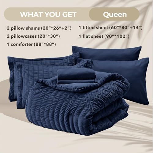Image of HYMOKEGE Navy Blue Queen Comforter Set Seersucker 7 Pieces, All Season Luxury Bed in a Bag for Bedroom, Bedding Set with Comforters, Sheets, Pillowcases & Shams