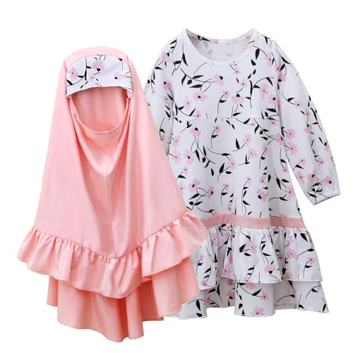 Kids Girls Muslim Two Piece Traditional Robe Prayer Dress with Hijab Islam Dubai Hooded Abaya Clothes