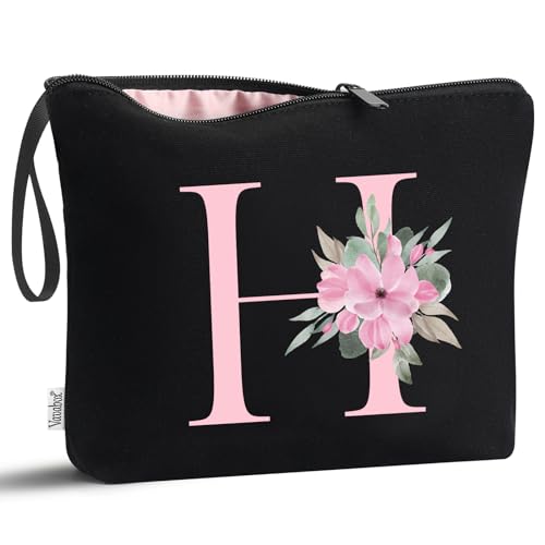 Image of Vavabox A-Z Personalized Makeup Bag, Birthday Gifts for Women Mom, Gifts for Best Friend, Bride Bridesmaid Cosmetic bag (H, 02-Black)
