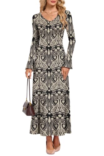 Image of AUSELILY Maxi Dress for Women UK Petal Long Sleeve Elegant Bodycon Dress Casual V Neck A-Line Long Sundress Slim Party Vacation Boho Black L