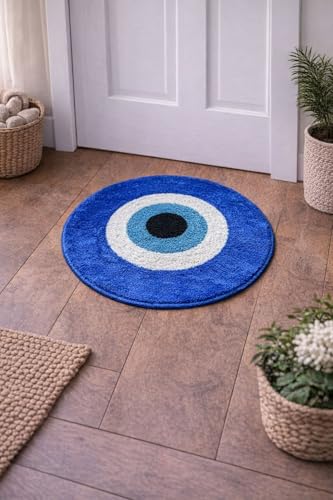 Image of Adequate Decorative Super Soft Round Evil Eye Rangoli Door Mat, Blue, Microfiber, Doormat for Home Entrance| Bedroom| Bathroom| Kitchen| Living| Pooja Room| Temple| Floor mat (Round Evil Eye mat)