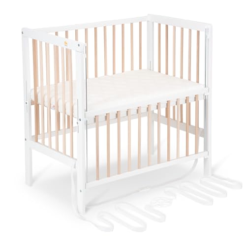 FabiMax Baby Beistellbett für Boxspringbett Flex Weiß/Natur, stufenlos höhenverstellbar, Buchenholz massiv, naturbelassen, inkl. Matratze Air