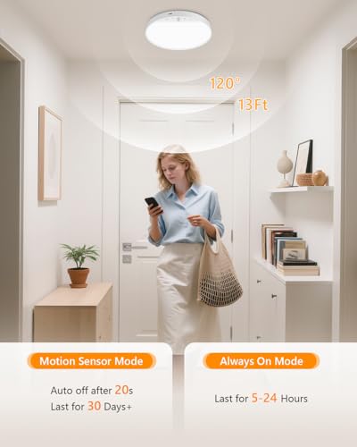 Image of Rechargeable 6W Motion Sensor Ceiling Light Indoor, No Wiring & Magnetic Stick-On, Remote Control for Color & Brightness, Battery Operated Light for Shower, Closet, Bathroom, Pantry, Hallway, 1-Pack