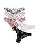 WDIRARA Women's 5 Pieces Panties Set Lace Satin Leopard Lettuce Trim Thongs Mid Rise Underwear Panty Multicolor Large