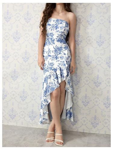 Image of Floerns Women's Floral Strapless Tube Dress Asymmetrical Ruffle Hem Bodycon Long Dresses