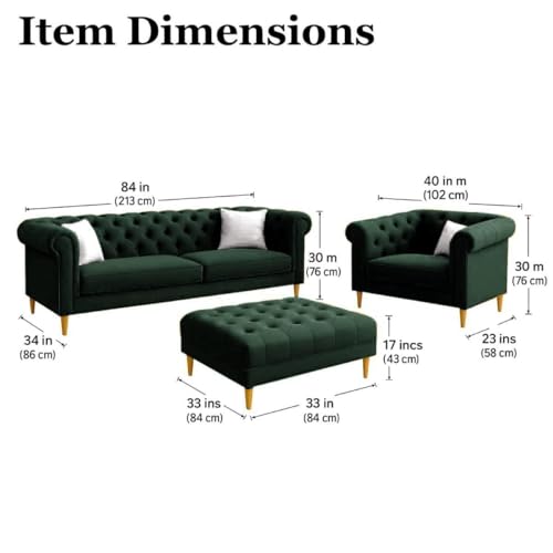 Image of Chesterfield Velvet Upholstery 3-Seater with Armchair and Footrest, Design in 3+1+Footrest Sofa for Living Room, Bedroom, Hallways (Dark Green)