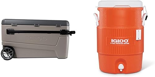 Igloo Sportsman Glide - Enfriador de ruedas de 110 cuartos de galón, arenisca y dispensador de bebidas de agua portátil de 5 galones con tapa de