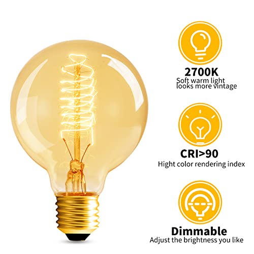 Hession Globe Edison Bulbs, 6-Pack 60W Vintage Edison Light Bulb, Spiral Filament Edison Bulbs, E26 Base - Amber Tinted - 120Vdimmable - G80 Decorative Lightbulbs #TOP3