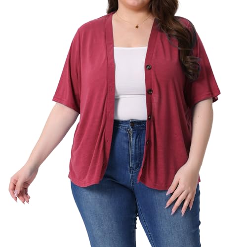 Image of Agnes Orinda Plus Size Cardigan for Women Button Down Sheer Round Neck Short Sleeve Knitted Sweater