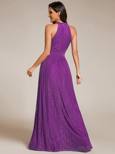 Image of Ever-Pretty Women's Glitter Halter Sleeveless Formal Dresses Evening Gowns Pleated A-line Wedding Guest Dress 41961