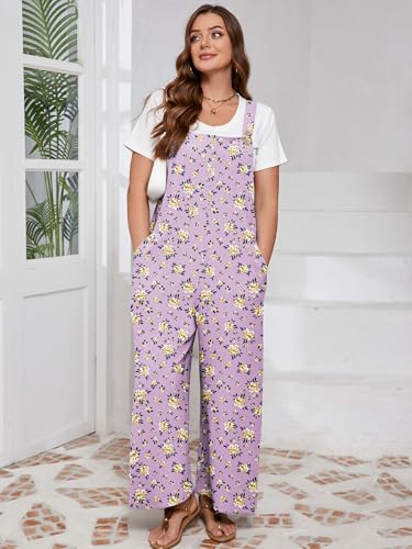 AusLook Plus Size Women's Adjustable Straps Jumpsuits Purple Chrysanthemum 1X Casual Loose Wide Leg Overalls with Pockets — view 4