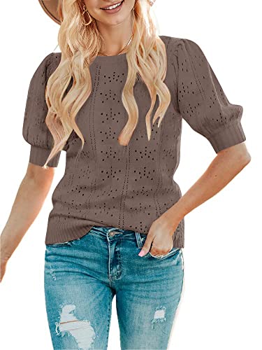 MEROKEETY Women's 2025 Spring Puff Short Sleeve Sweater Tops Crew Neck Crochet Knit Soft Pullover Shirt