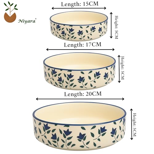 Image of Niyara Stoneware Handmade Ceramic Stylish Premium Serving Bowls /Salad Tray Microwave Dishwasher Safe (Blue Leaf Set of 3)