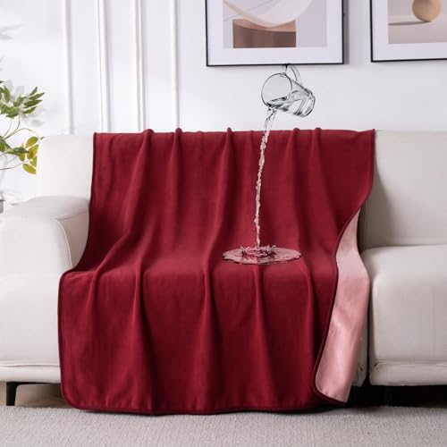 QIYI wasserdichte Decke für Bett Sofa Couch, Wendbare, Waschbare Kuscheldecke zum Schutz von Möbeln und Matratzen für Paare, H&e und Katzen, 102x153 cm, Burg&errot/Rosa
