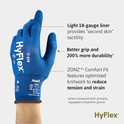 Ultralight Abrasion-Resistant Ansell HyFlex 11-818 Gloves, Small, Blue (1 Pair)