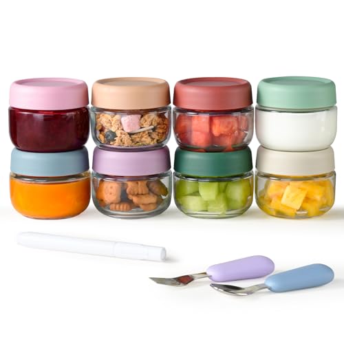 Glass Baby Food Storage Containers Baby Food Jars 8 Pack Small Glass Containers with Lids 4 oz Leakproof Baby Food Storage Containers BPA Free Microwave/Freezer/Dishwasher Safe Kids Spoon Fork