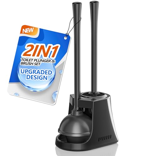 Image of LOVLOY Toilet Plunger and Brush with Holder, Bowl Brush and Heavy Duty Toilet Plunger Set with Ventilated Holder, 2-in-1 Toilet Brush and Plunger Combo for 5.3-inch Toilet Drain New Pack (Black, 1)