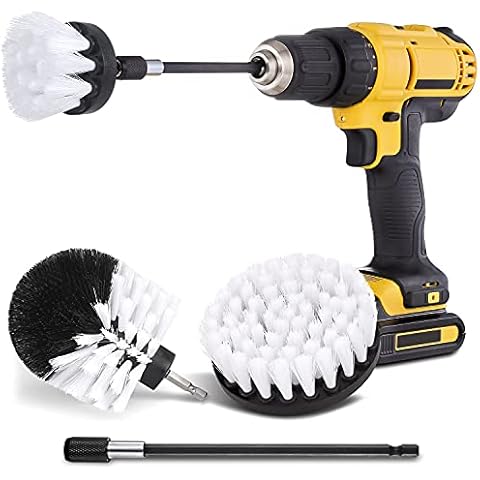 Hiware 4 Pcs Drill Brush Car Detailing Kit with Extend Attachment,Soft Bristle Power Scrubber Brush Set for Cleaning Car, Boat, Seat, Carpet, Upholstery and Shower Door - White Cover