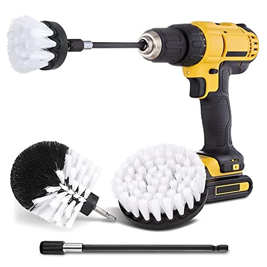 HIWARE 4 Pcs Drill Brush Car Detailing Kit with Extend Attachment, Soft Bristle Power Scrubber Brush Set for Cleaning Car, Boat, Seat, Carpet, Upholstery and Shower Door - White