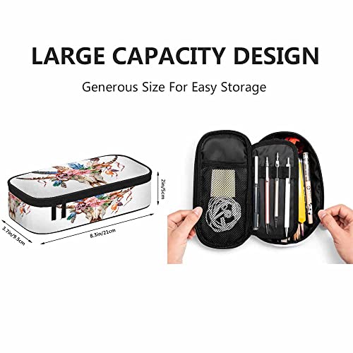 Image of Yekiua Bull's Head Pencil Case Watercolor Fashion Cow Skull Boho Peony Flowers Feathers Big Capacity Pencil Pouch Office College Makeup Bag Colorful