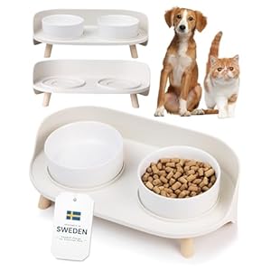 MalsiPree Dog Bowls Elevated & Pet Bowls – Small, Sand Beige – 45° Tilt Stand with Splash Guard – Dog Feeding Station with Ceramic Dishes for Food & Water
