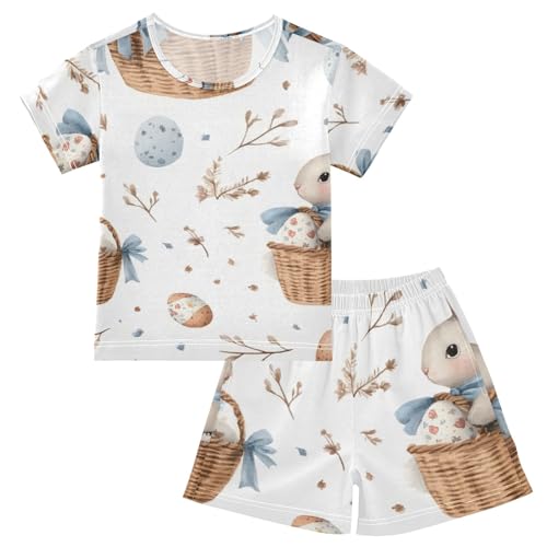 Summer Pajama Set Watercolor Easter Bunnies Pattern, Short Sleeve Sleepwear Nightwear